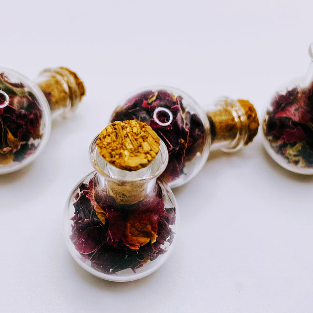 Bottle of dried rose petals.