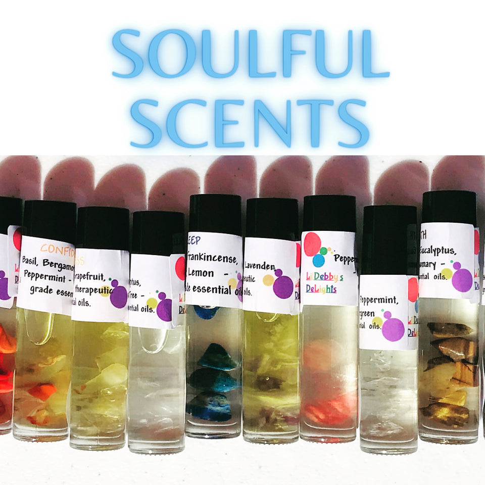 Soulful Scents. Essential Oil Roller blends infused with polished stones.
