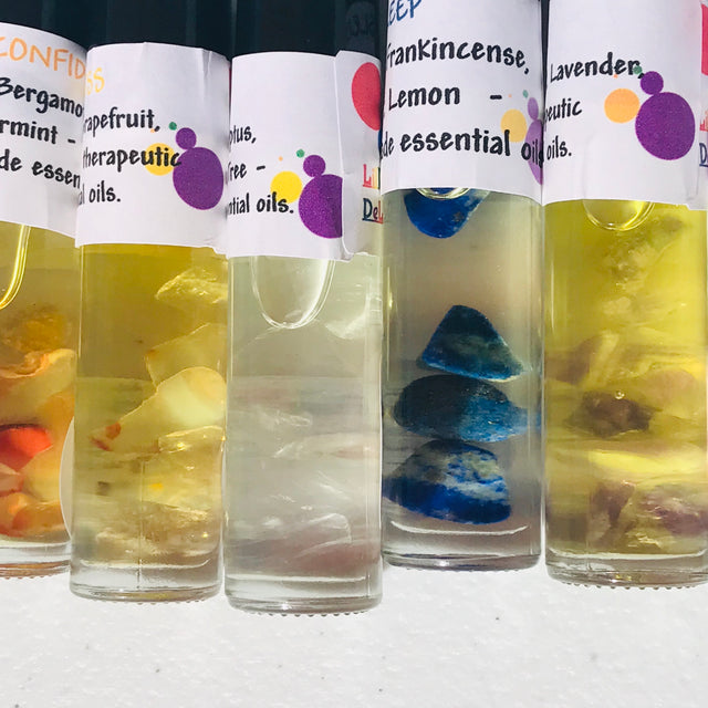 Soulful Scents. Essential Oil Roller blends infused with polished stones.