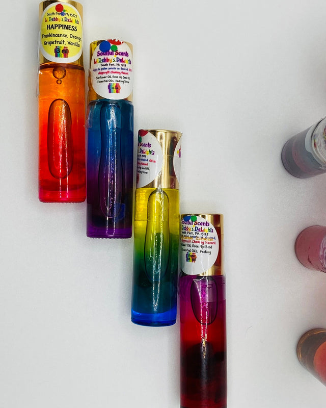 Soulful Scents. Essential Oil Roller blends infused with polished stones.