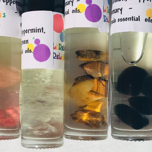 Soulful Scents. Essential Oil Roller blends infused with polished stones.