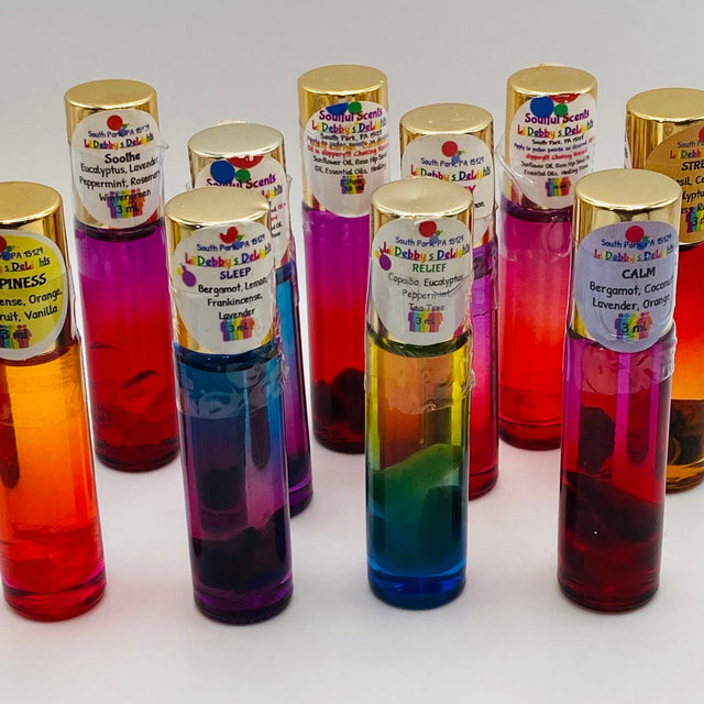 Soulful Scents. Essential Oil Roller blends infused with polished stones.